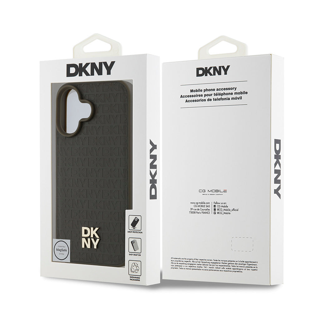 iPhone 16 Kılıf DKNY Orjinal Lisanslı Magsafe Şarj Özellikli 3D Yazılı Repeat Pattern Kılıf Siyah