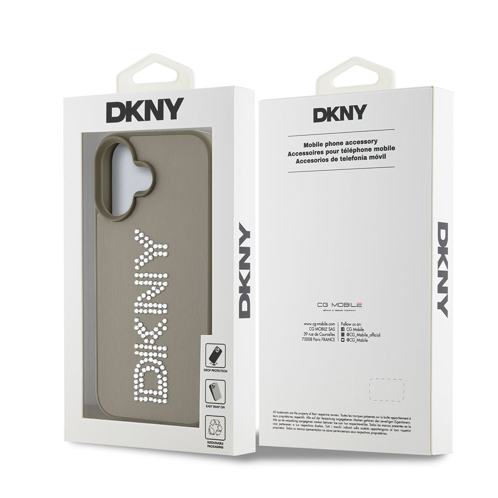 Apple iPhone 16 Kılıf DKNY Orjinal Lisanslı Taşlı DKNY Yazılı Metalik Rhinestones PU Deri Kapak Kahverengi