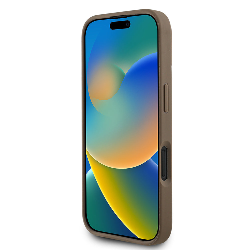 Apple iPhone 16 Kılıf Guess Orjinal Lisanslı M-safe Şarj Özellikli Sıcak Baskılı Üçgen Logolu PU Deri Peony Kapak Kahverengi