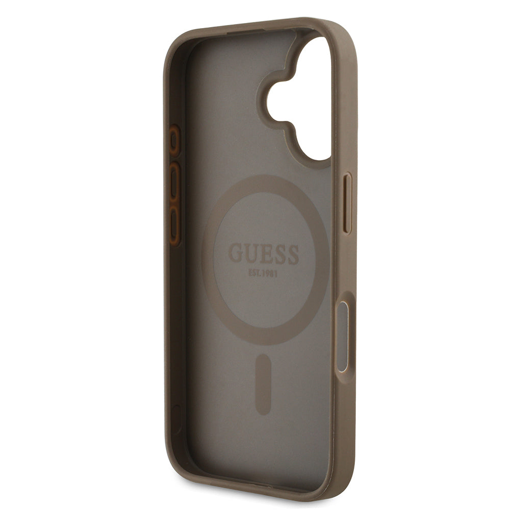Apple iPhone 16 Kılıf Guess Orjinal Lisanslı M-safe Şarj Özellikli Sıcak Baskılı Üçgen Logolu PU Deri Peony Kapak Kahverengi