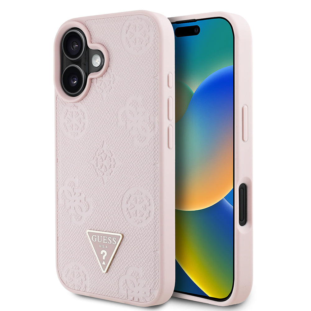 Apple iPhone 16 Kılıf Guess Orjinal Lisanslı M-safe Şarj Özellikli Sıcak Baskılı Üçgen Logolu PU Deri Peony Kapak Kahverengi