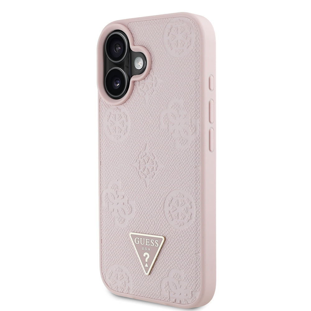 Apple iPhone 16 Kılıf Guess Orjinal Lisanslı M-safe Şarj Özellikli Sıcak Baskılı Üçgen Logolu PU Deri Peony Kapak Kahverengi