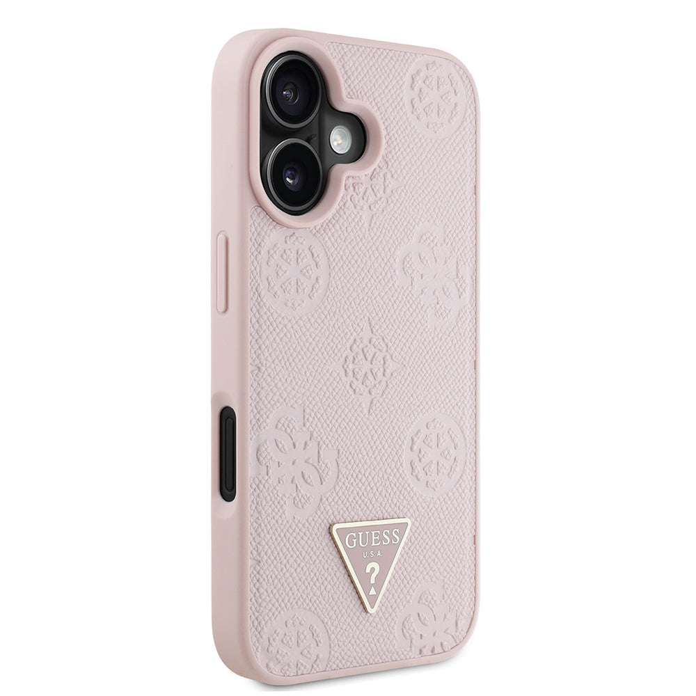 Apple iPhone 16 Kılıf Guess Orjinal Lisanslı M-safe Şarj Özellikli Sıcak Baskılı Üçgen Logolu PU Deri Peony Kapak Siyah