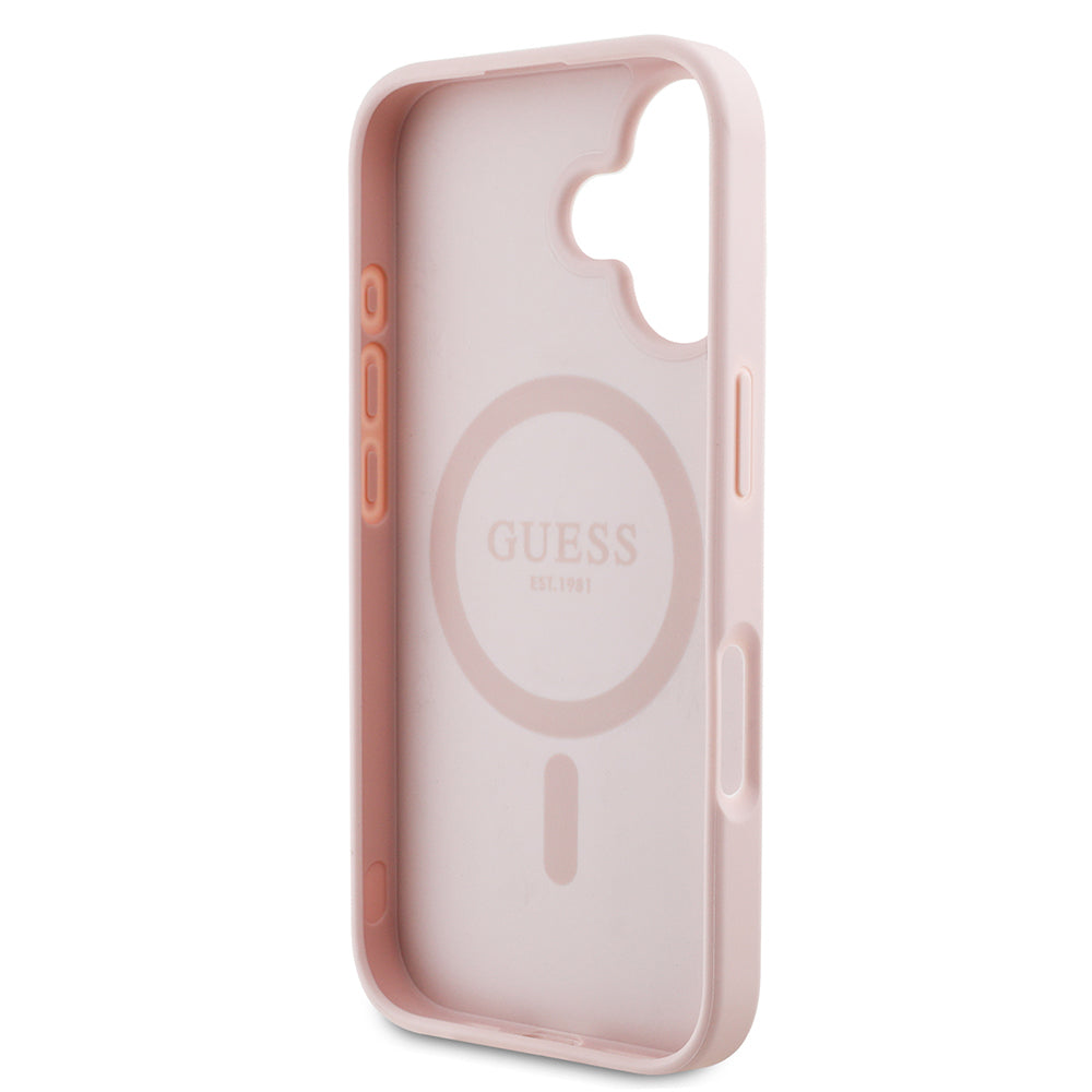 Apple iPhone 16 Kılıf Guess Orjinal Lisanslı M-safe Şarj Özellikli Sıcak Baskılı Üçgen Logolu PU Deri Peony Kapak Kahverengi