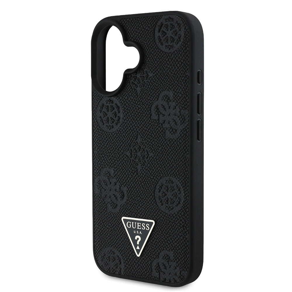 Apple iPhone 16 Kılıf Guess Orjinal Lisanslı M-safe Şarj Özellikli Sıcak Baskılı Üçgen Logolu PU Deri Peony Kapak Kahverengi