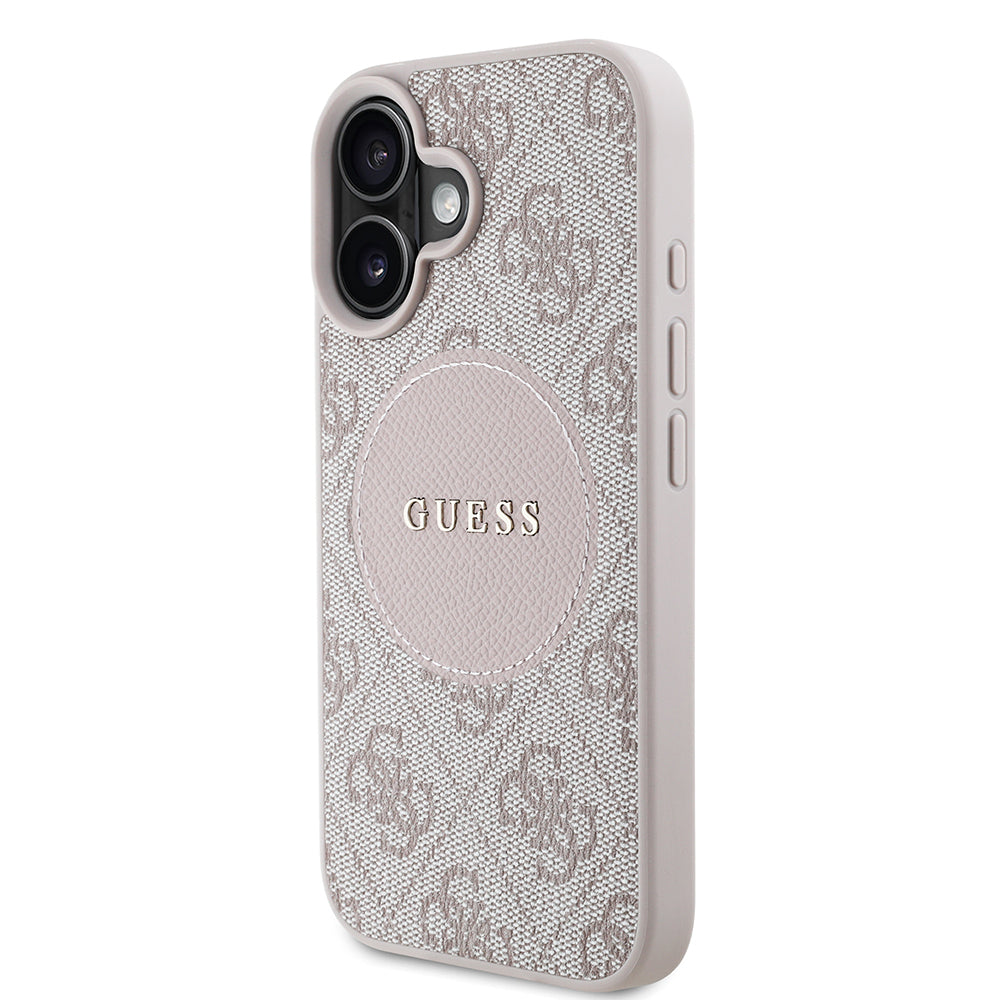 Apple iPhone 16 Kılıf Guess Orjinal Lisanslı M-safe Şarj Özellikli Yazı Logolu Circle Classic Kapak Pembe