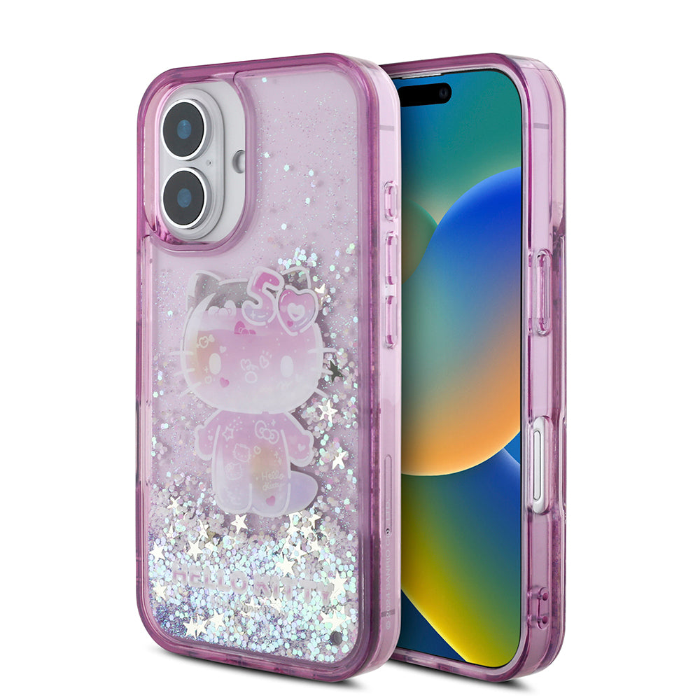 iPhone 16 Kılıf Hello Kitty Orjinal Lisanslı Sıvılı Simli 50. Yıldönümü Partisi Kılıf Mor