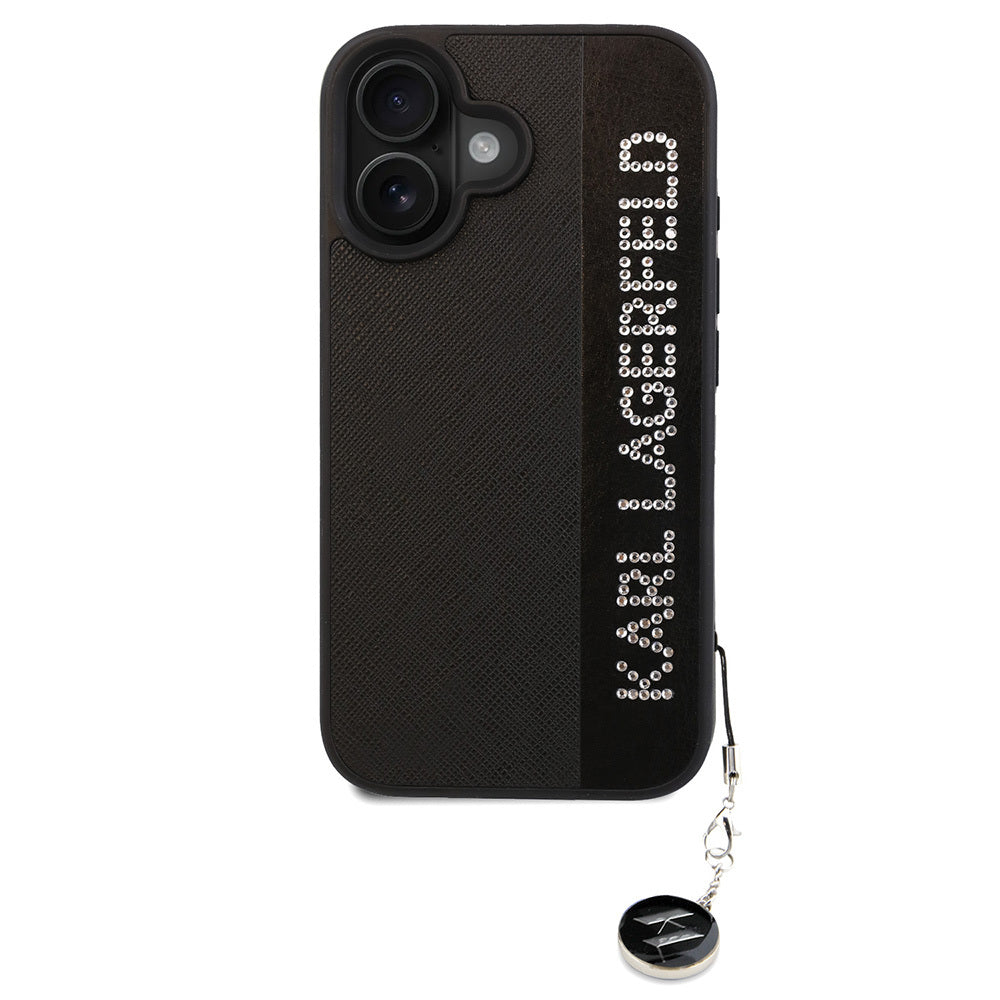 iPhone 16 Kılıf Karl Lagerfeld Orjinal Lisanslı Anahtarlıklı Taşlı KL Yazılı Saffiano Rhinestones Kılıf Siyah