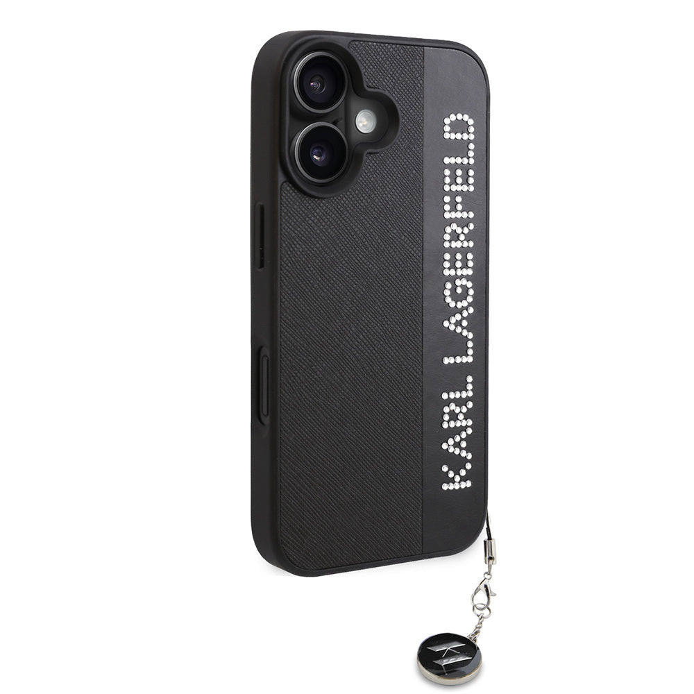 iPhone 16 Kılıf Karl Lagerfeld Orjinal Lisanslı Anahtarlıklı Taşlı KL Yazılı Saffiano Rhinestones Kılıf Pembe