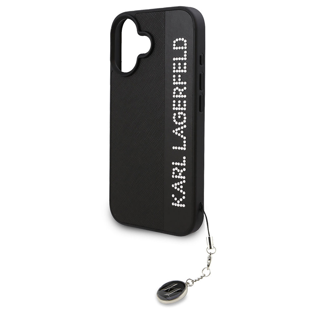 iPhone 16 Kılıf Karl Lagerfeld Orjinal Lisanslı Anahtarlıklı Taşlı KL Yazılı Saffiano Rhinestones Kılıf Pembe