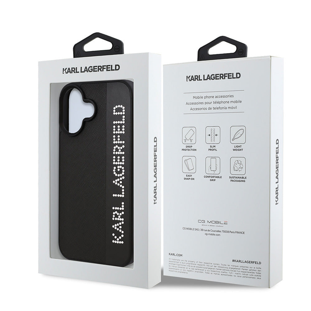 iPhone 16 Kılıf Karl Lagerfeld Orjinal Lisanslı Anahtarlıklı Taşlı KL Yazılı Saffiano Rhinestones Kılıf Pembe