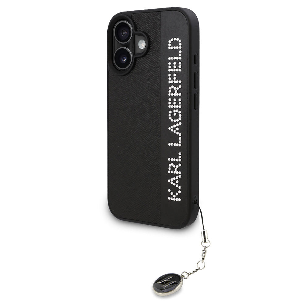 iPhone 16 Kılıf Karl Lagerfeld Orjinal Lisanslı Anahtarlıklı Taşlı KL Yazılı Saffiano Rhinestones Kılıf Pembe