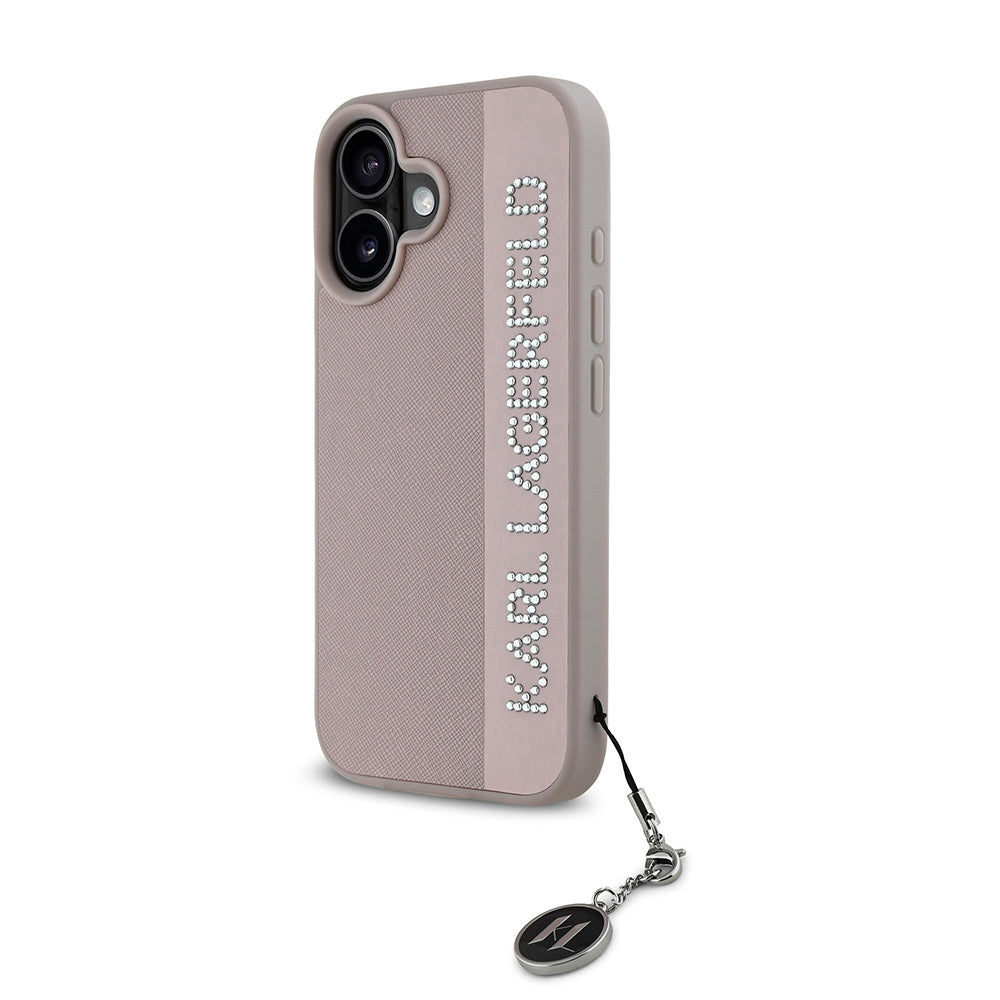 iPhone 16 Kılıf Karl Lagerfeld Orjinal Lisanslı Anahtarlıklı Taşlı KL Yazılı Saffiano Rhinestones Kılıf Pembe