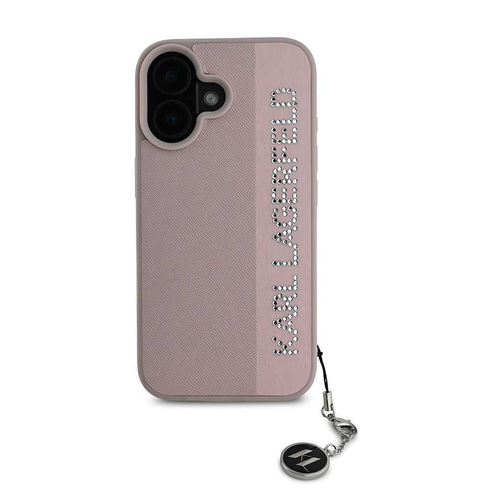 iPhone 16 Kılıf Karl Lagerfeld Orjinal Lisanslı Anahtarlıklı Taşlı KL Yazılı Saffiano Rhinestones Kılıf Pembe