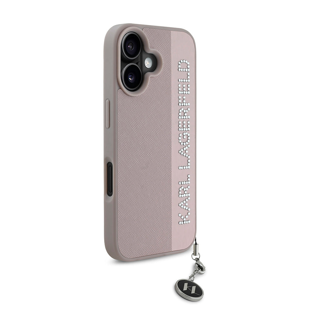 iPhone 16 Kılıf Karl Lagerfeld Orjinal Lisanslı Anahtarlıklı Taşlı KL Yazılı Saffiano Rhinestones Kılıf Siyah
