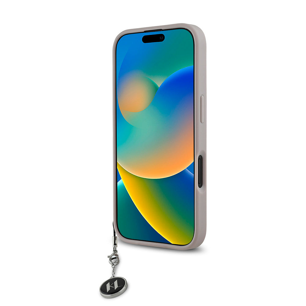 iPhone 16 Kılıf Karl Lagerfeld Orjinal Lisanslı Anahtarlıklı Taşlı KL Yazılı Saffiano Rhinestones Kılıf Pembe