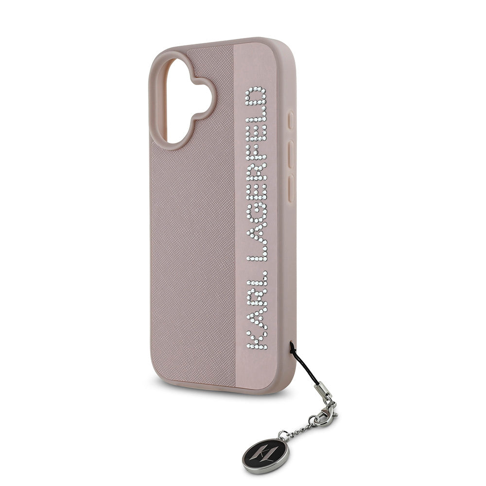 iPhone 16 Kılıf Karl Lagerfeld Orjinal Lisanslı Anahtarlıklı Taşlı KL Yazılı Saffiano Rhinestones Kılıf Siyah