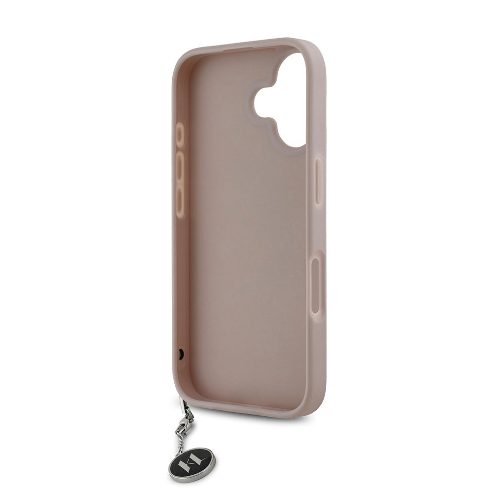 iPhone 16 Kılıf Karl Lagerfeld Orjinal Lisanslı Anahtarlıklı Taşlı KL Yazılı Saffiano Rhinestones Kılıf Pembe