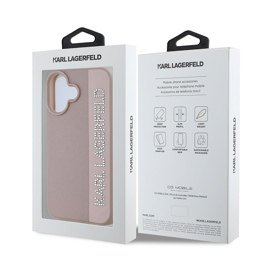 iPhone 16 Kılıf Karl Lagerfeld Orjinal Lisanslı Anahtarlıklı Taşlı KL Yazılı Saffiano Rhinestones Kılıf Siyah