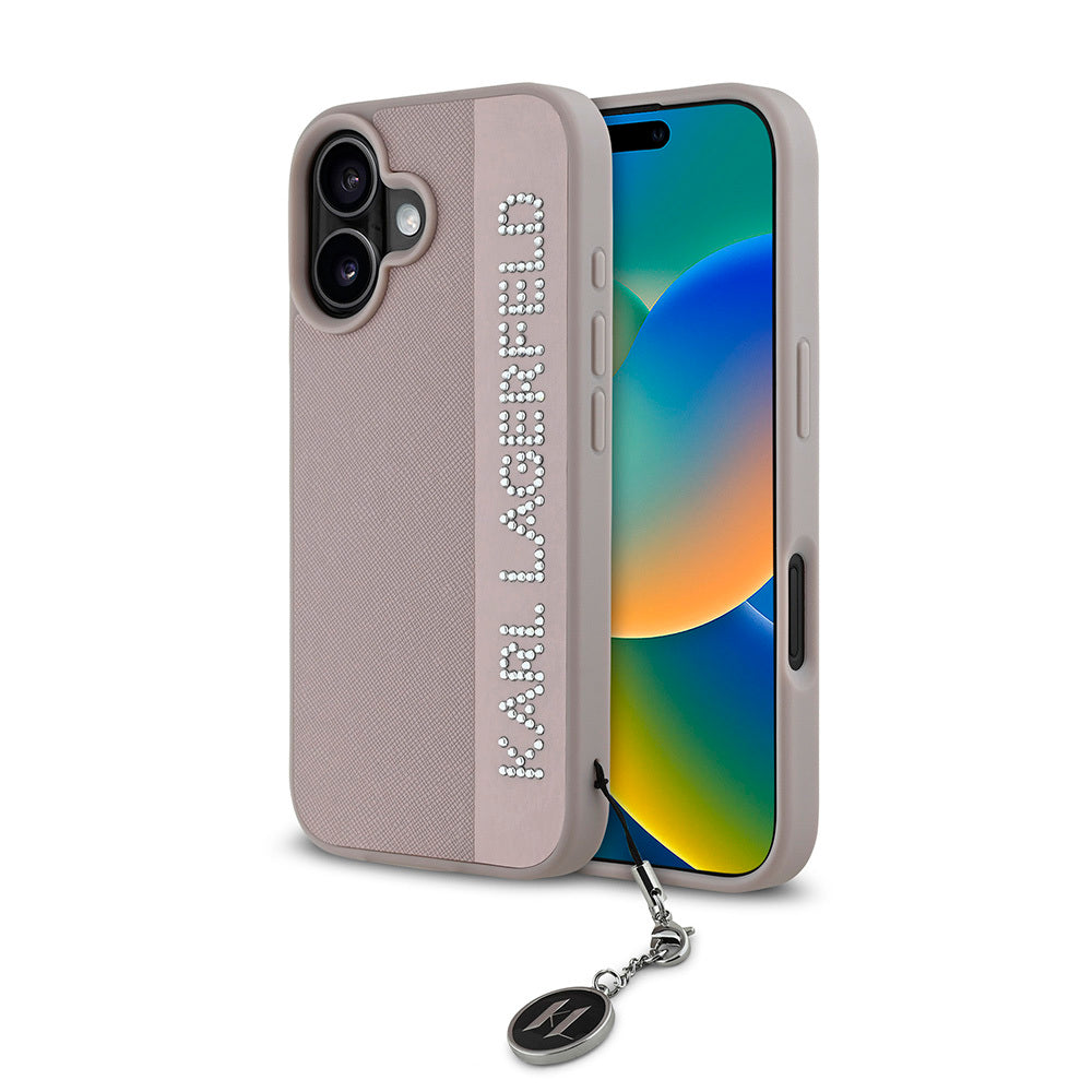 iPhone 16 Kılıf Karl Lagerfeld Orjinal Lisanslı Anahtarlıklı Taşlı KL Yazılı Saffiano Rhinestones Kılıf Pembe