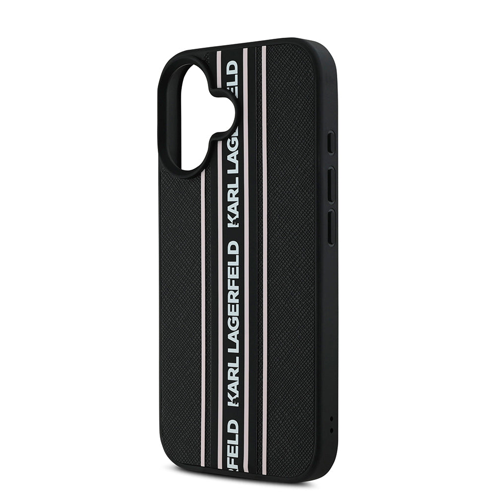 iPhone 16 Kılıf Karl Lagerfeld Orjinal Lisanslı Askılı Saffiano Athleisure Şerit Çizgili Kılıf Siyah-Pembe