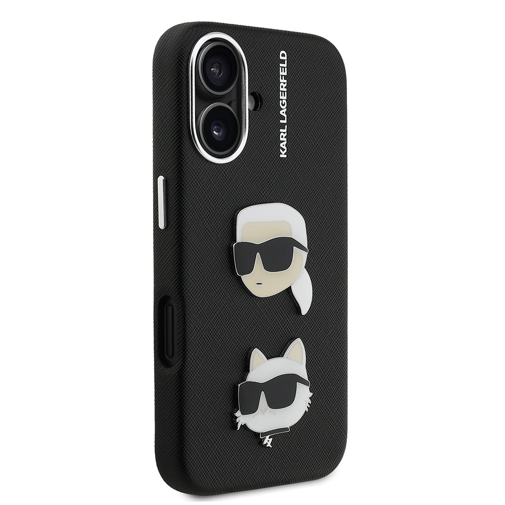 Apple iPhone 16 Kılıf Karl Lagerfeld Orjinal Lisanslı K&C Heads Pin Kapak Siyah