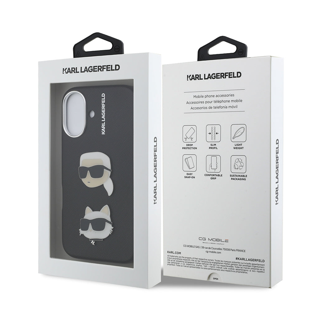 Apple iPhone 16 Kılıf Karl Lagerfeld Orjinal Lisanslı K&C Heads Pin Kapak Siyah