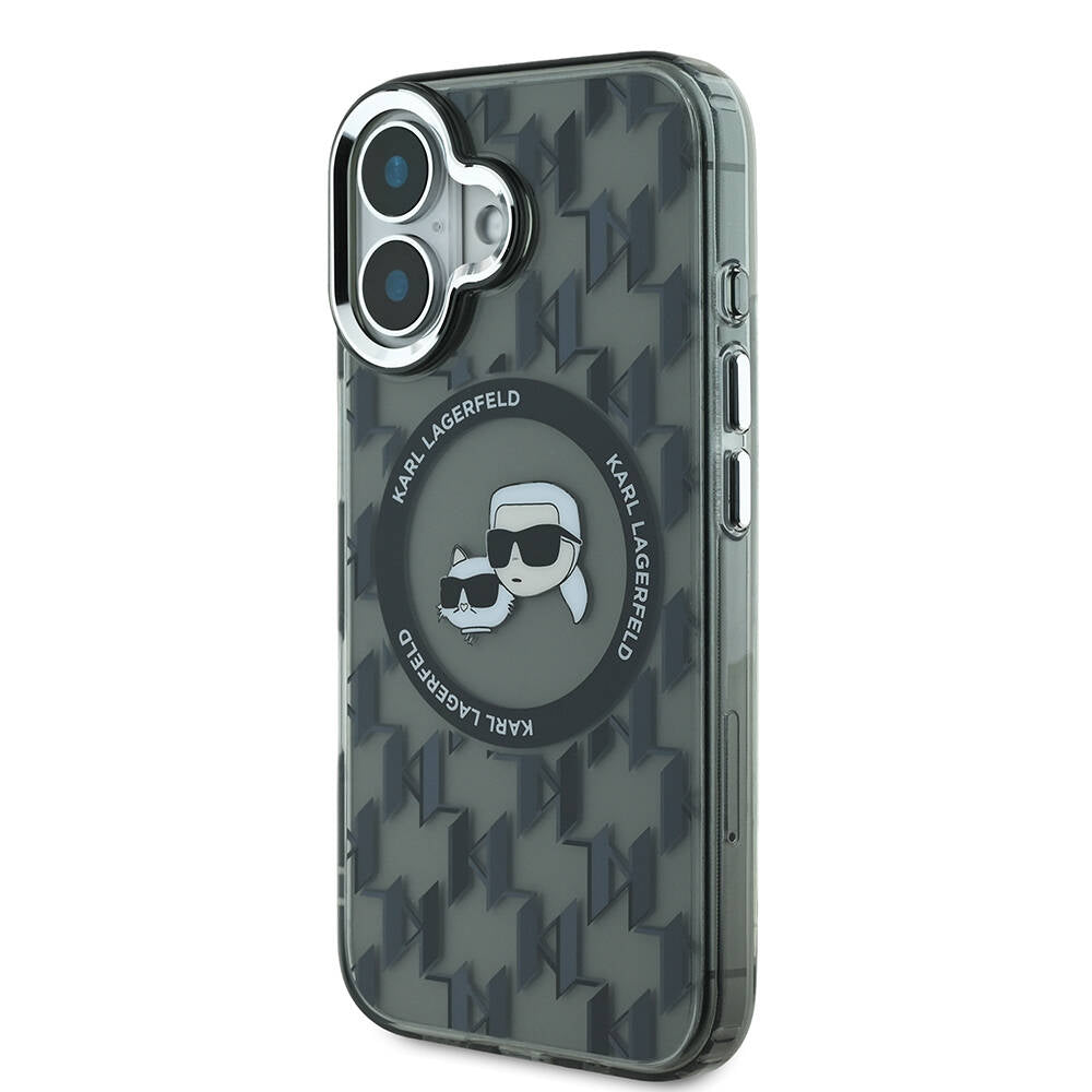 iPhone 16 Kılıf Karl Lagerfeld Orjinal Lisanslı Magsafe Şarj Özellikli IML Baskılı Metal Monogram KC Heads Kılıf Siyah