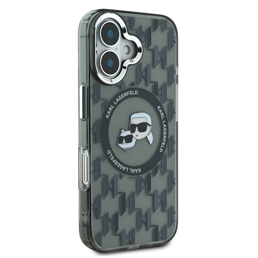 iPhone 16 Kılıf Karl Lagerfeld Orjinal Lisanslı Magsafe Şarj Özellikli IML Baskılı Metal Monogram KC Heads Kılıf Siyah
