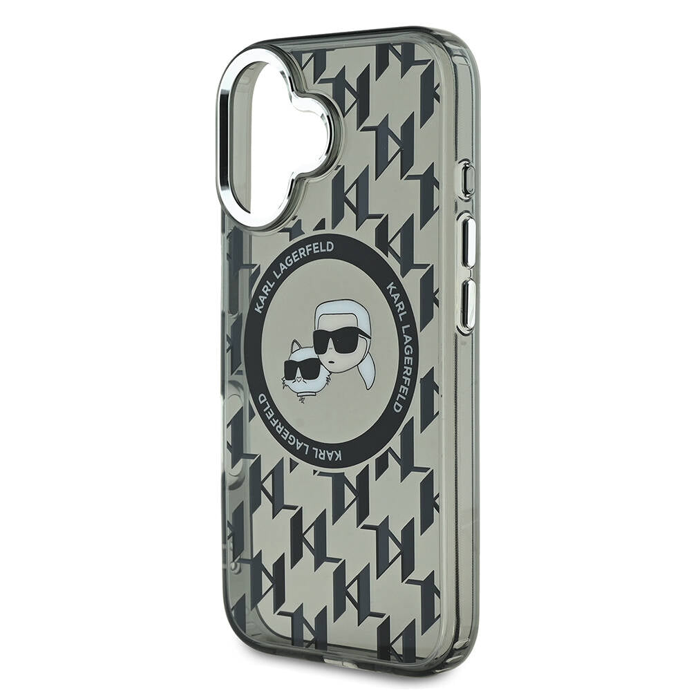 iPhone 16 Kılıf Karl Lagerfeld Orjinal Lisanslı Magsafe Şarj Özellikli IML Baskılı Metal Monogram KC Heads Kılıf Siyah
