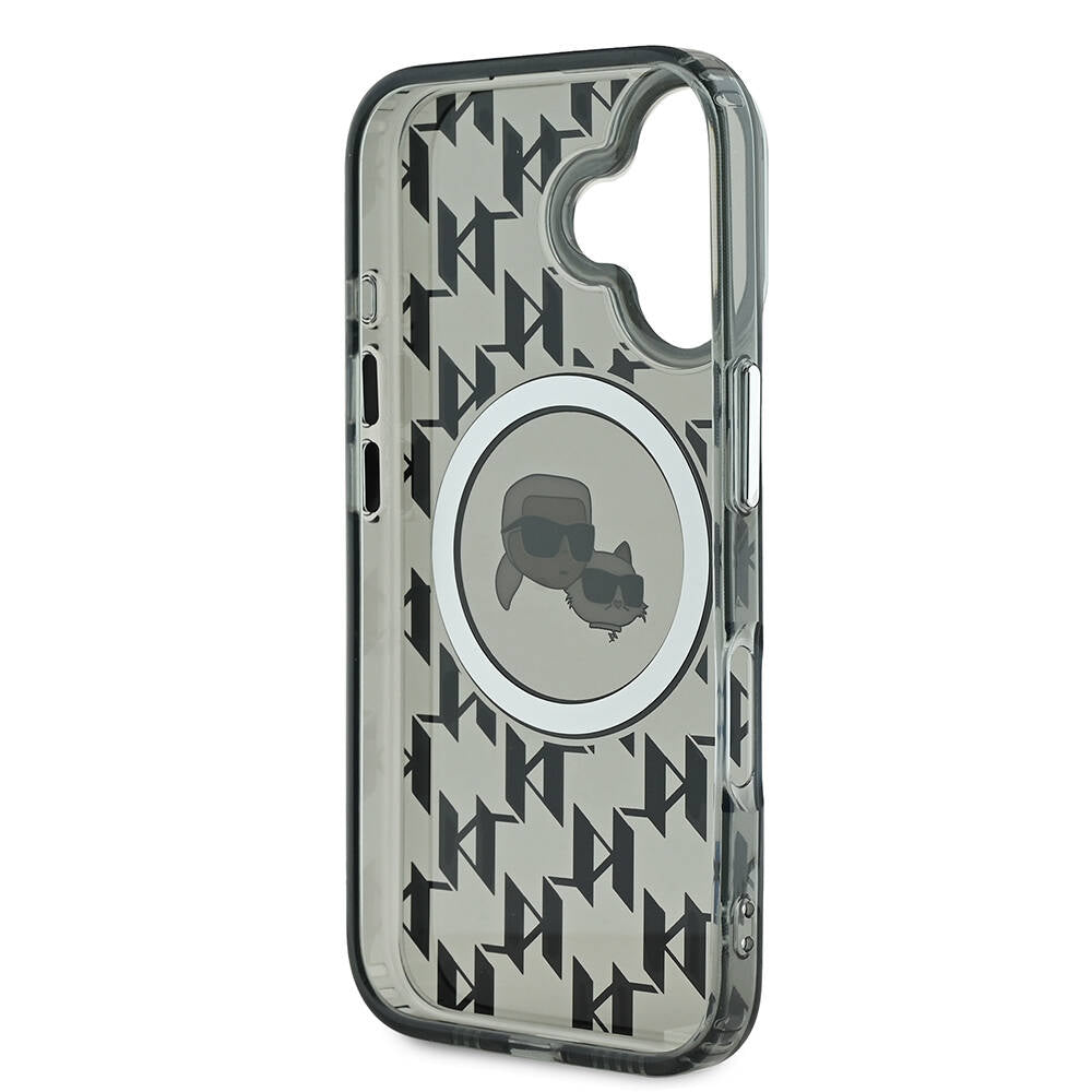 iPhone 16 Kılıf Karl Lagerfeld Orjinal Lisanslı Magsafe Şarj Özellikli IML Baskılı Metal Monogram KC Heads Kılıf Siyah