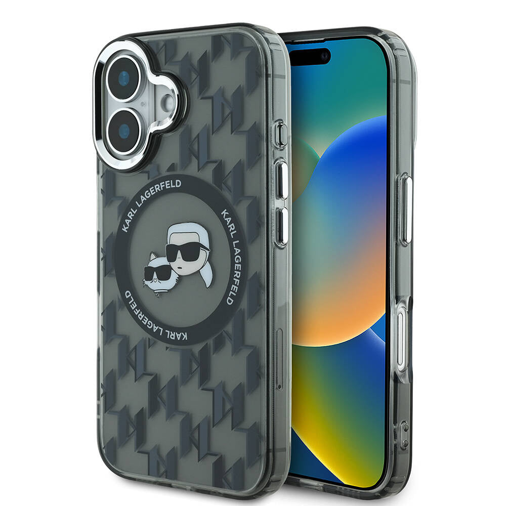 iPhone 16 Kılıf Karl Lagerfeld Orjinal Lisanslı Magsafe Şarj Özellikli IML Baskılı Metal Monogram KC Heads Kılıf Siyah