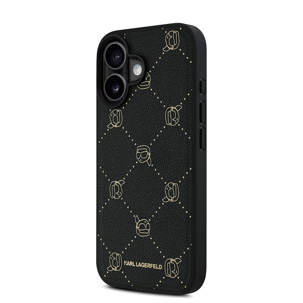 iPhone 16 Kılıf Karl Lagerfeld Orjinal Lisanslı Magsafe Şarj Özellikli PU Deri Karl Heads Desenli Klasik Logolu Kılıf Siyah