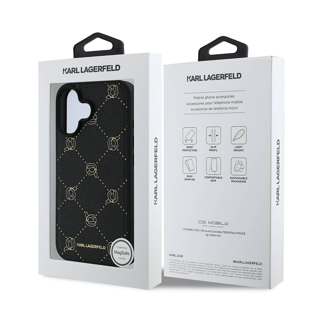 iPhone 16 Kılıf Karl Lagerfeld Orjinal Lisanslı Magsafe Şarj Özellikli PU Deri Karl Heads Desenli Klasik Logolu Kılıf Siyah