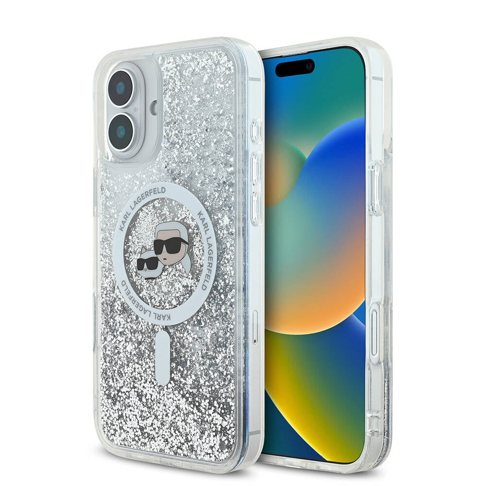 iPhone 16 Kılıf Karl Lagerfeld Orjinal Lisanslı Magsafe Şarj Özellikli Sıvılı Simli K&C Heads Kılıf Şeffaf