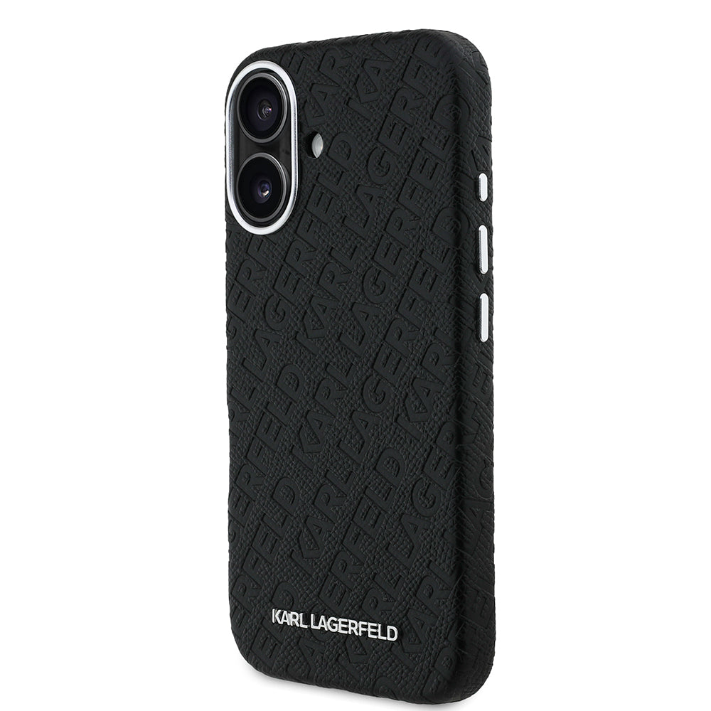 Apple iPhone 16 Kılıf Karl Lagerfeld Orjinal Lisanslı PU Deri Damgalı Metal Yazı Logolu Kapak Siyah
