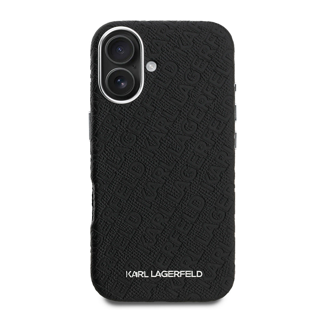 Apple iPhone 16 Kılıf Karl Lagerfeld Orjinal Lisanslı PU Deri Damgalı Metal Yazı Logolu Kapak Siyah