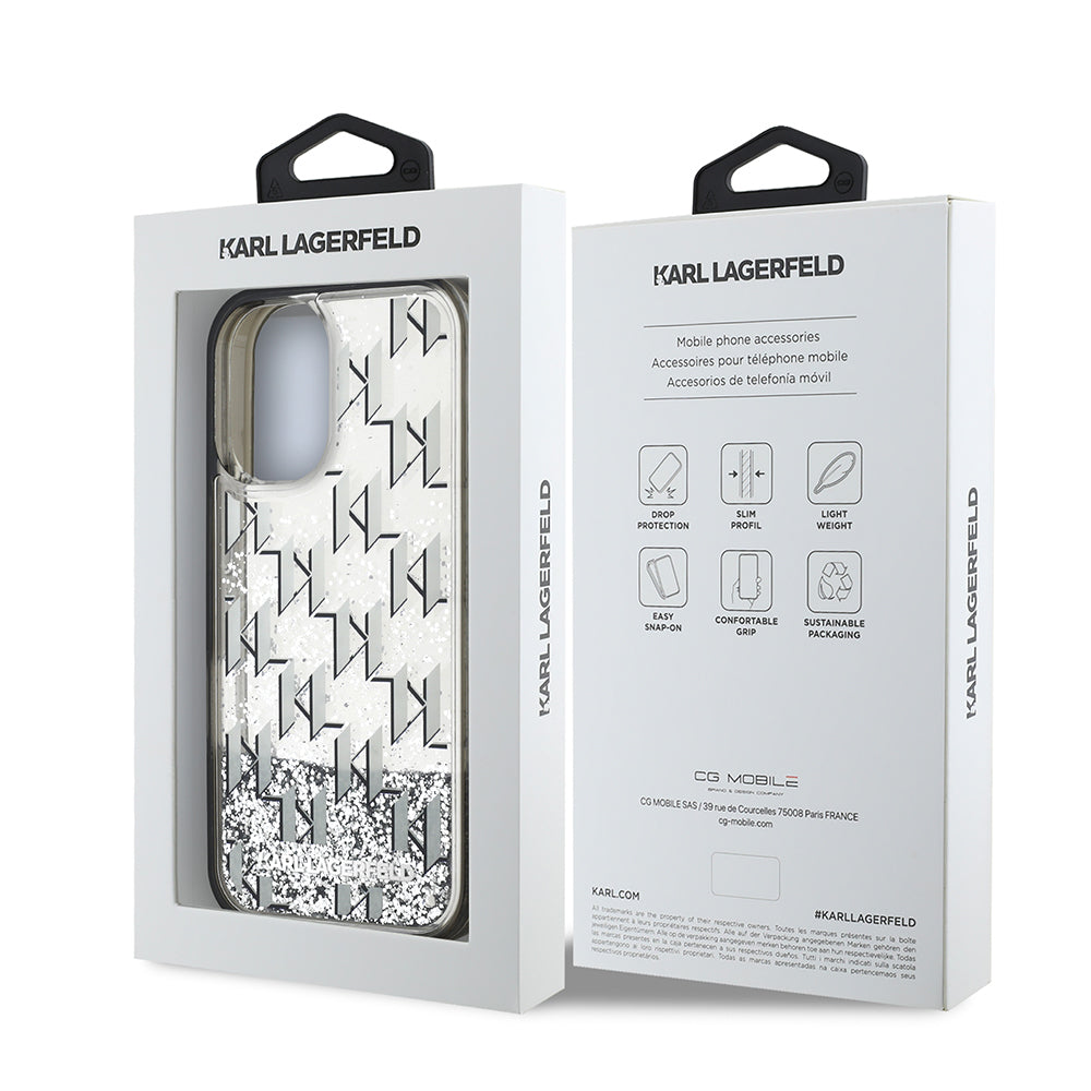iPhone 16 Kılıf Karl Lagerfeld Orjinal Lisanslı Simli KL Yazılı Monogram Gradient Kılıf Siyah