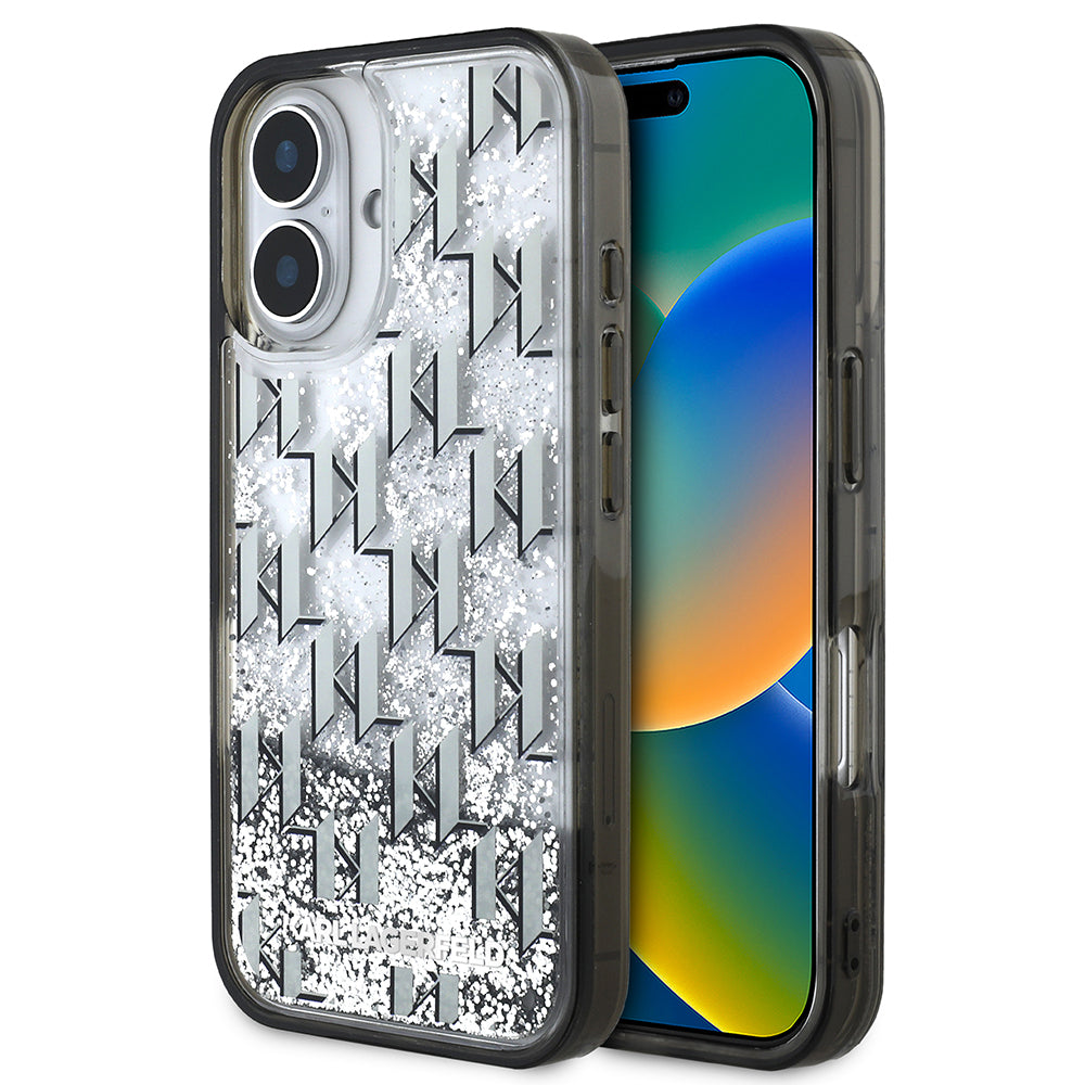 iPhone 16 Kılıf Karl Lagerfeld Orjinal Lisanslı Simli KL Yazılı Monogram Gradient Kılıf Siyah