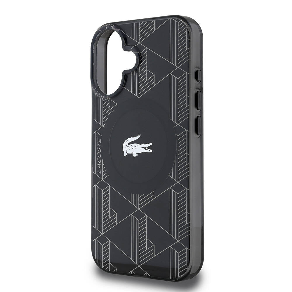 iPhone 16 Kılıf Lacoste Orjinal Lisanslı Magsafe Şarj Özellikli IML Baskılı Gümüş Timsah Logolu Monogram Kılıf Lacivert