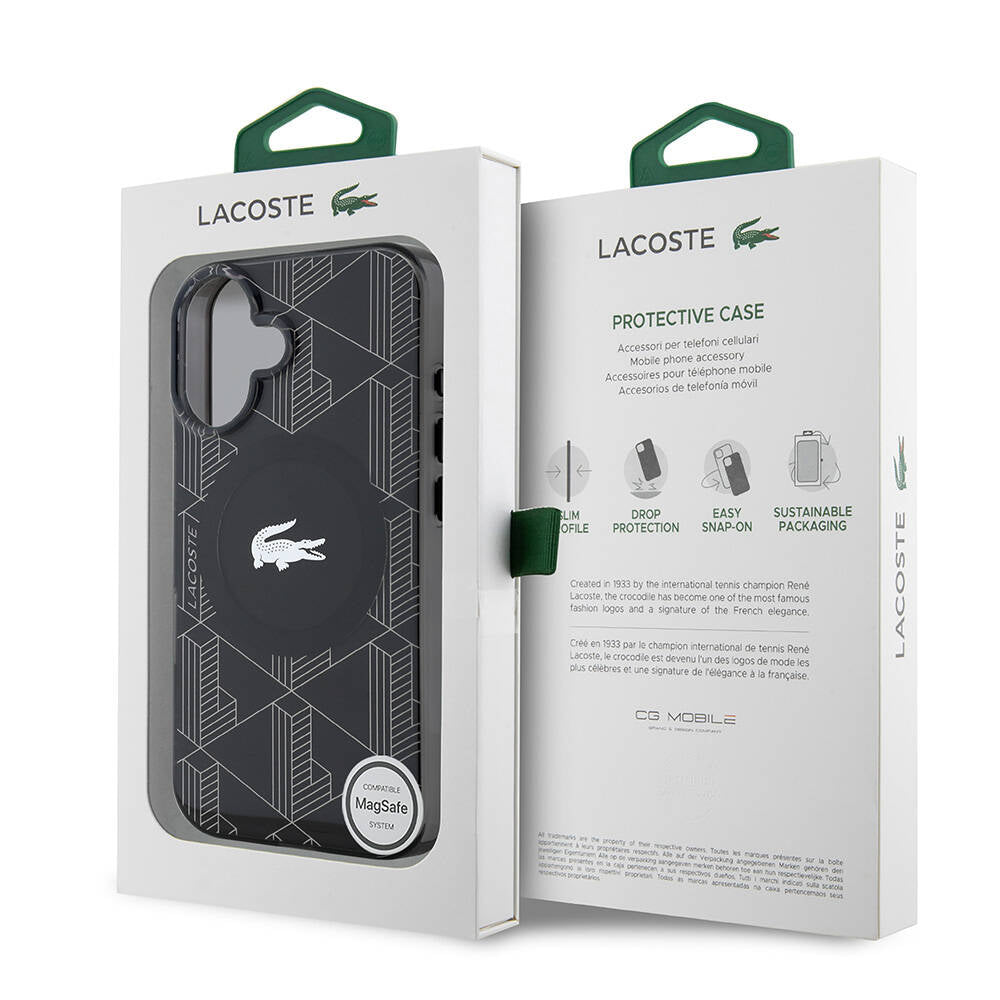 iPhone 16 Kılıf Lacoste Orjinal Lisanslı Magsafe Şarj Özellikli IML Baskılı Gümüş Timsah Logolu Monogram Kılıf Lacivert