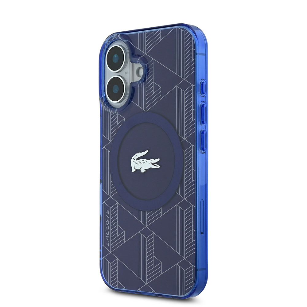 iPhone 16 Kılıf Lacoste Orjinal Lisanslı Magsafe Şarj Özellikli IML Baskılı Gümüş Timsah Logolu Monogram Kılıf Lacivert