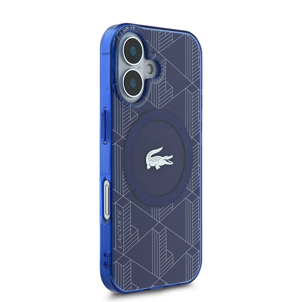 iPhone 16 Kılıf Lacoste Orjinal Lisanslı Magsafe Şarj Özellikli IML Baskılı Gümüş Timsah Logolu Monogram Kılıf Lacivert
