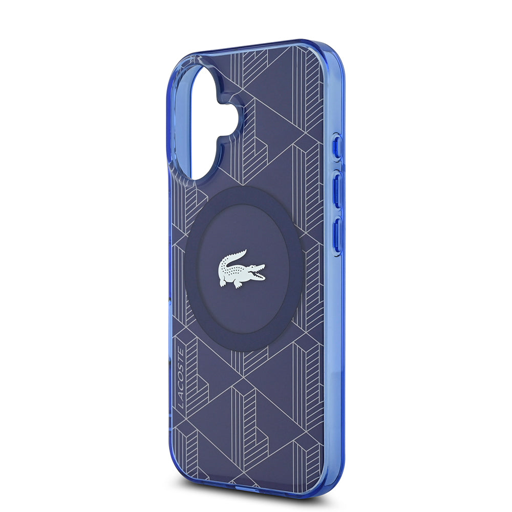 iPhone 16 Kılıf Lacoste Orjinal Lisanslı Magsafe Şarj Özellikli IML Baskılı Gümüş Timsah Logolu Monogram Kılıf Lacivert