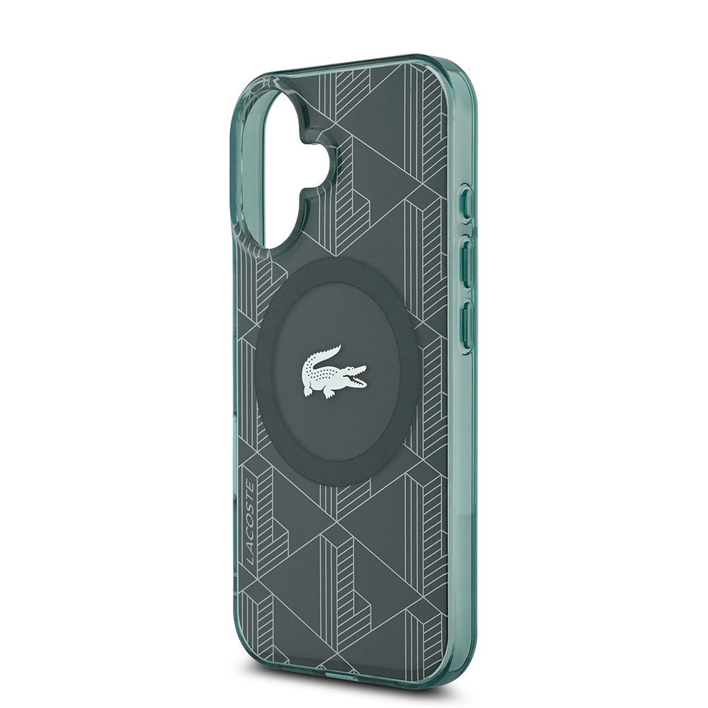 iPhone 16 Kılıf Lacoste Orjinal Lisanslı Magsafe Şarj Özellikli IML Baskılı Gümüş Timsah Logolu Monogram Kılıf Yeşil
