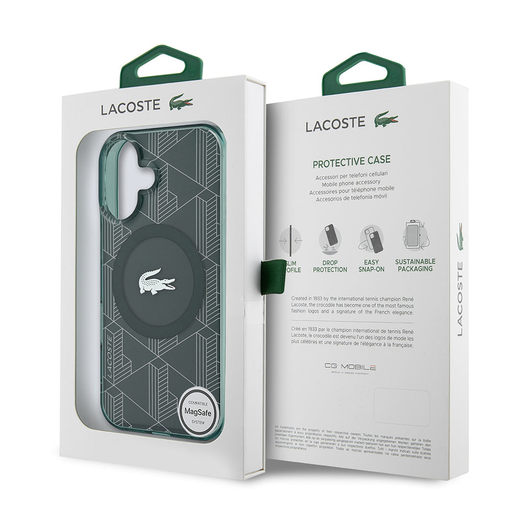 iPhone 16 Kılıf Lacoste Orjinal Lisanslı Magsafe Şarj Özellikli IML Baskılı Gümüş Timsah Logolu Monogram Kılıf Lacivert