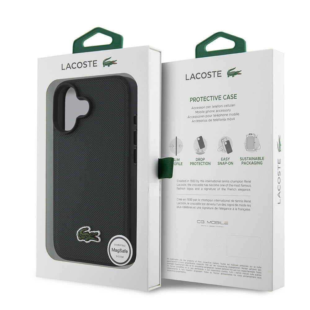 iPhone 16 Kılıf Lacoste Orjinal Lisanslı PU Pike Desenli Arka Yüzey İkonik Timsah Dokuma Logolu Kılıf Siyah