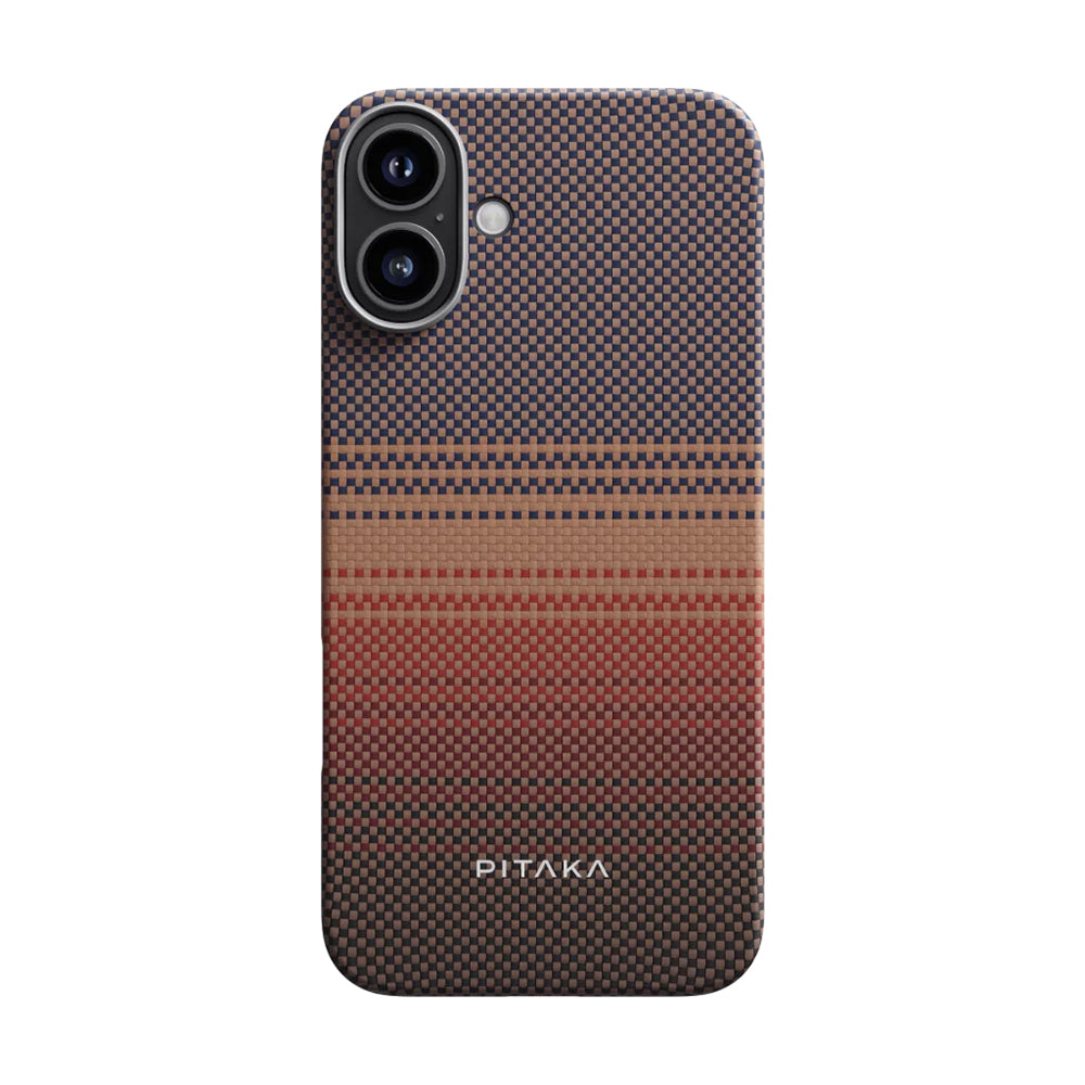 iPhone 16 Kılıf Magsafe Şarj Özellikli Aramid Fiber Pitaka Tactile Woven Sunset-Moonrise Serisi Sunset Kılıf Kahverengi