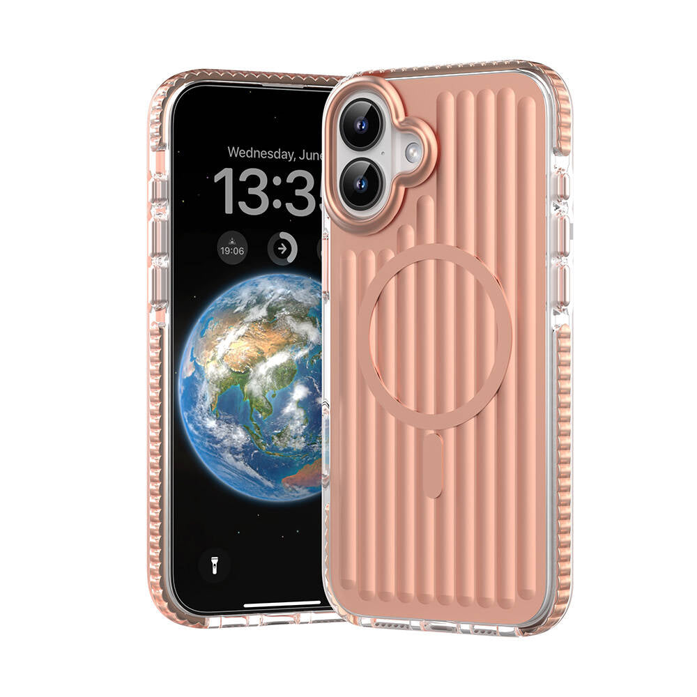 iPhone 16 Kılıf Magsafe Şarj Özellikli Oyuklu Tasarım Mutural Bumpy Clear Kılıf Rose Gold