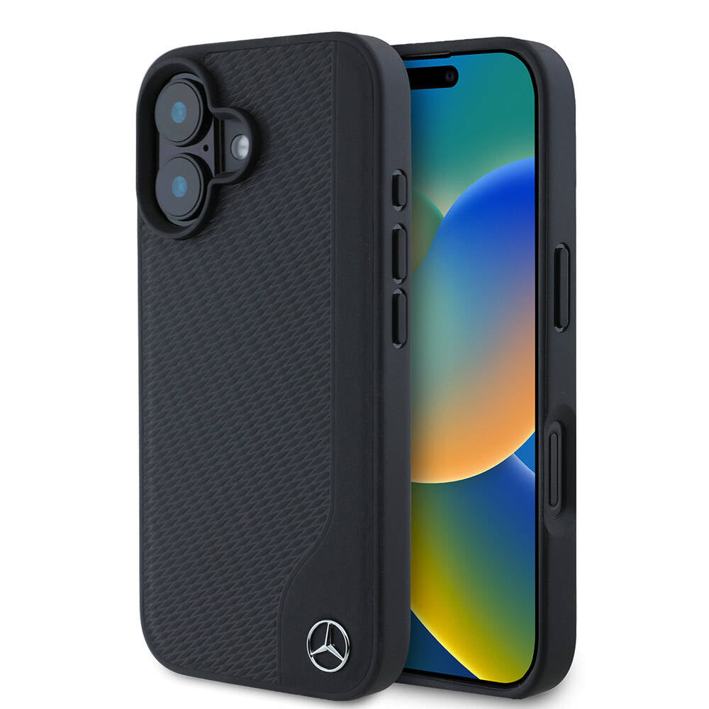 iPhone 16 Kılıf Mercedes Benz Orjinal Lisanslı Magsafe Şarj Özellikli 3D Metal Logolu Wood Imitation Deri Kılıf Siyah